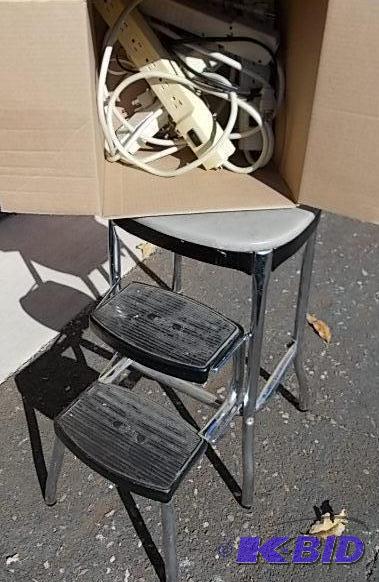 lot 70 image: Metal Step Stool & Box Lot Of Power Strip...