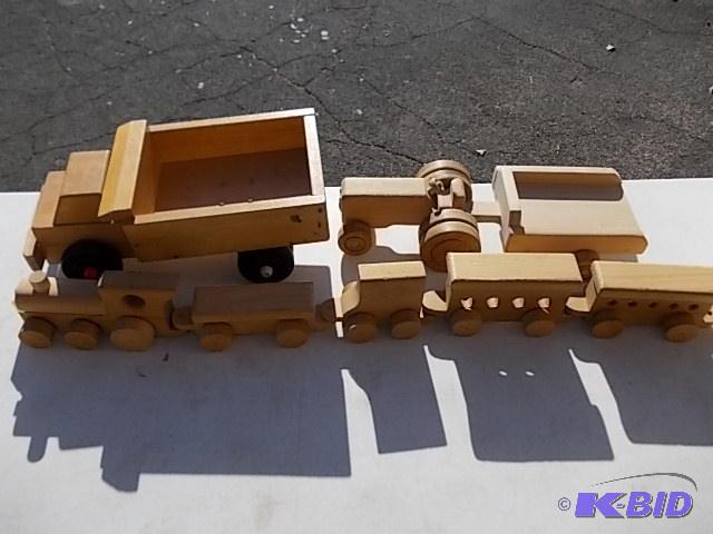 lot 93 image: Wooden Train, Dump Truck, Tractor & Trail...