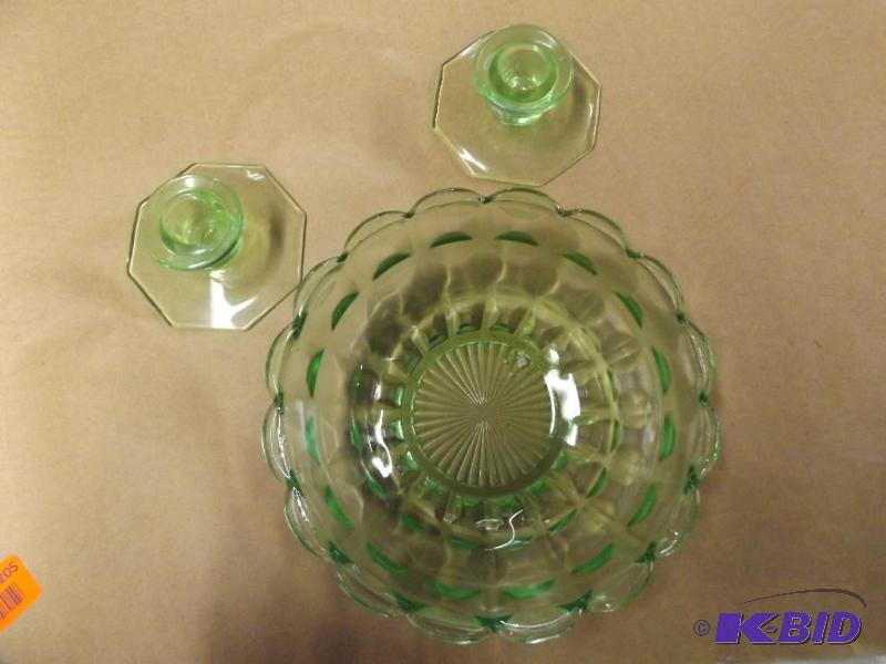 Green Depression Glass Bowl and two candle s...