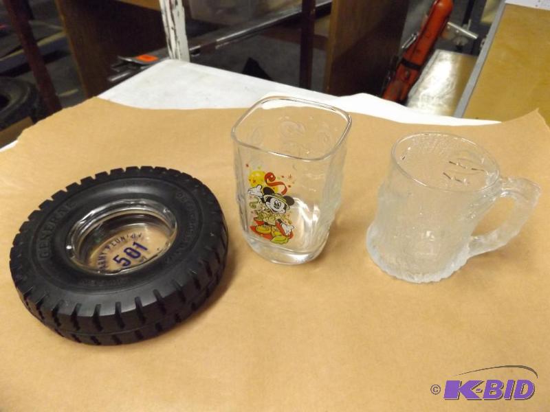 Tire ashtray, mickey mouse glass, and small g...