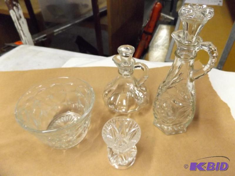 Cut glass pieces, toothpick holder, small bow...