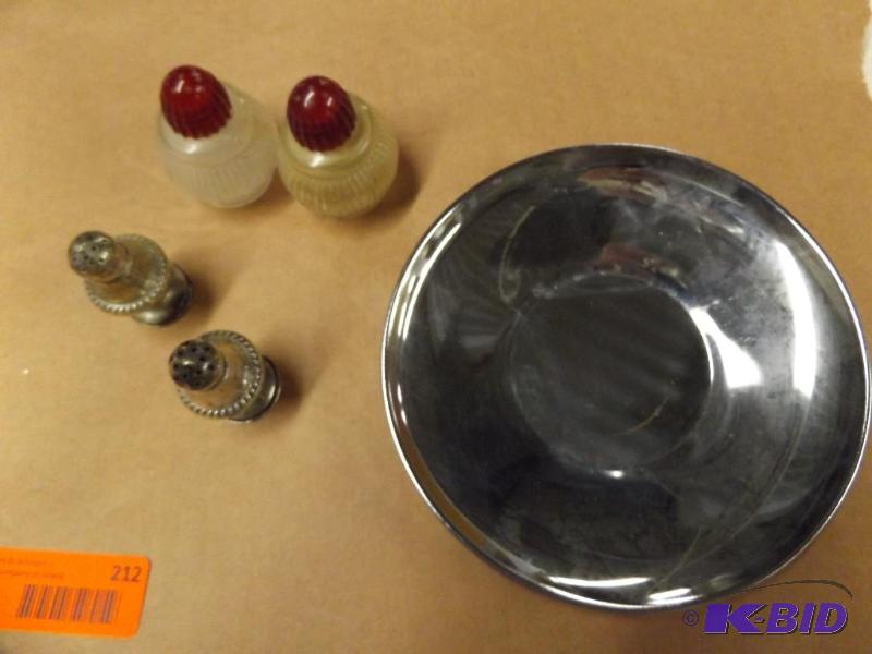 Kromex plate, two salt and pepper sets...
