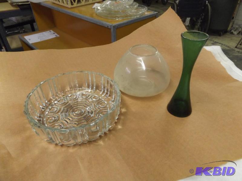 Cut glass bowl, green vase, candle holder...