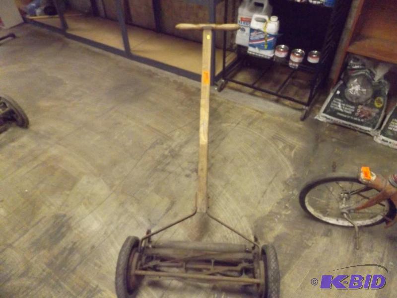 Vintage push mower, wood handle...