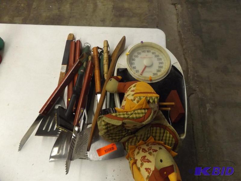 Cooking Utensils for grilling. older bathroom...