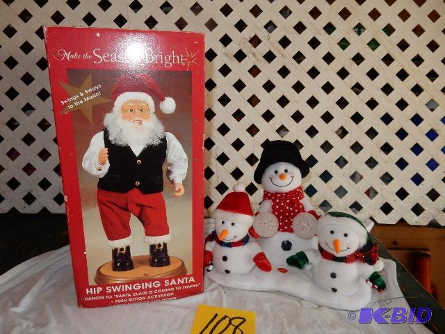 lot 108 image: Hip Swing Santa (works)  3 Snow men on Flex...
