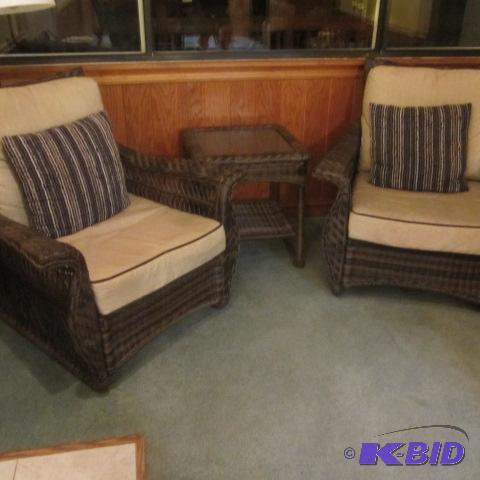 Pair Wicker Chairs, Table