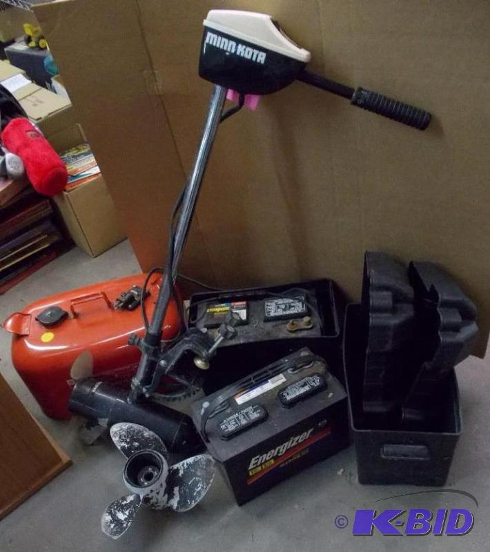 Fishing Boat Motor, Batteries, and Gas Tank