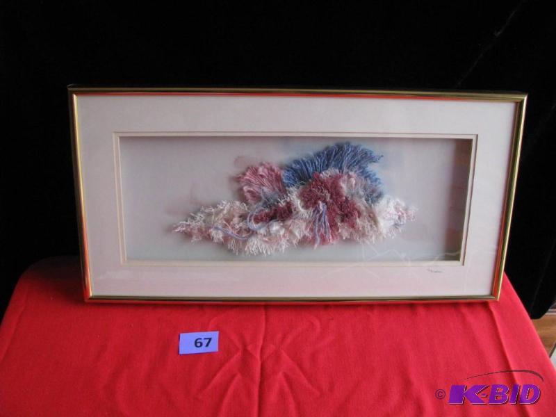 Framed textile art. Signed S. Moen. Gold meta...