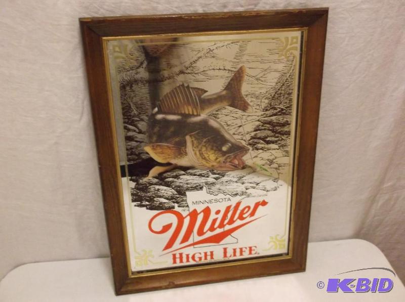 lot 15 image: Miller High Life mirror sign in solid wood fr...