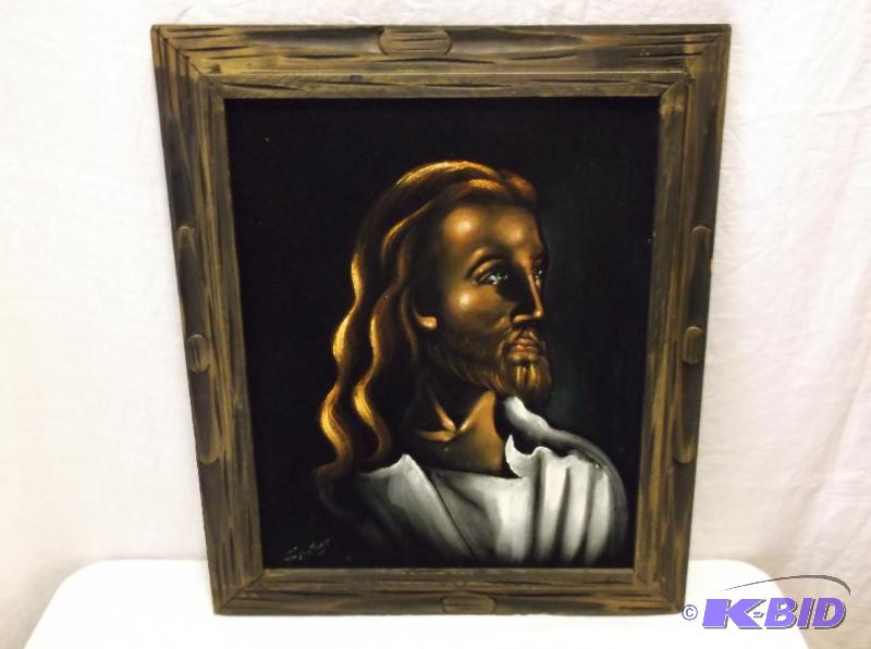 lot 50 image: Beautiful black velvet religious picture in s...