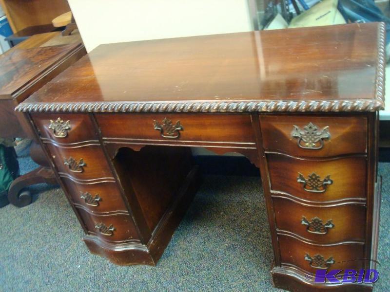 lot 15 image: Wood Vintage Desk, Has Some Wear, Curved Draw...