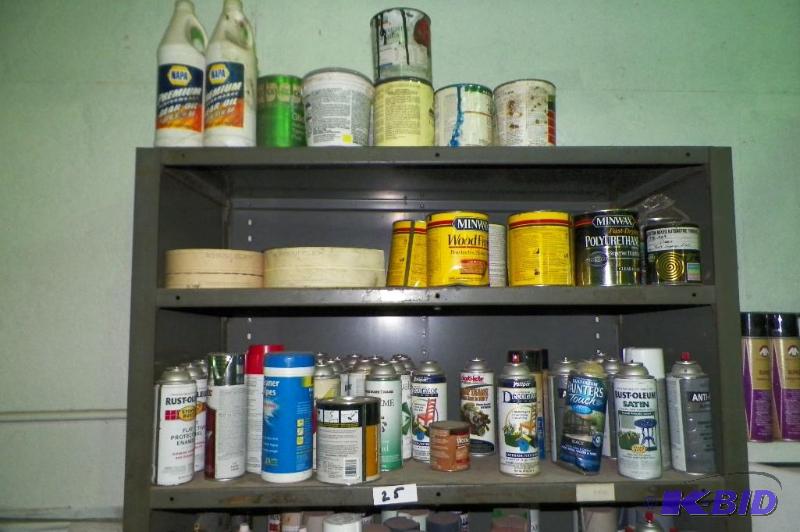 top 3 shelves of assorted paints and finishes