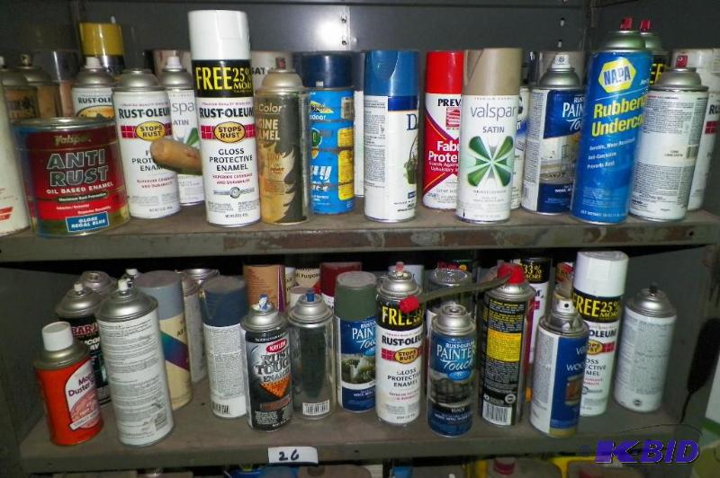 2 shelves of assorted paints and finishes