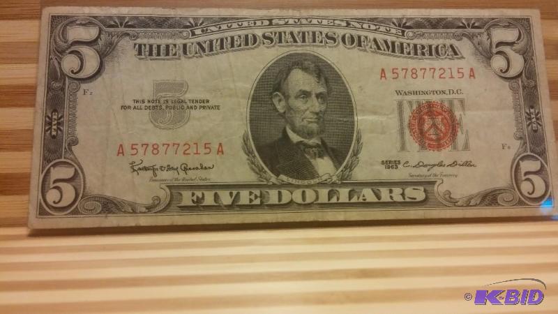 1963 US FIVE DOLLAR BILL RED SEAL...