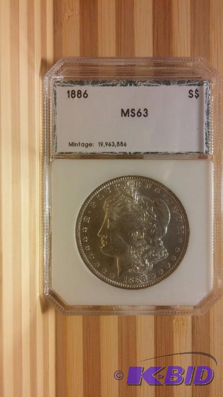 1886 MORGAN SILVER DOLLAR MS 63 SLABBED BY PC...