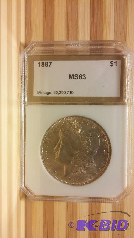 1887 MORGAN SILVER DOLLAR MS 63 SLABBED BY PC...