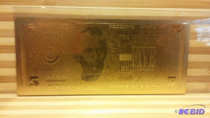 5 DOLLAR GOLD BILL, PURE 24K GOLD PRESSED ONT...