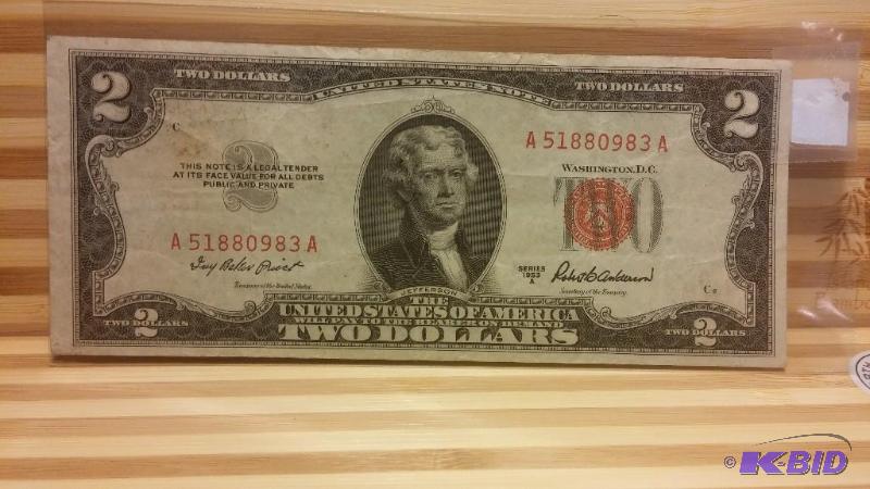 1953 US TWO DOLLAR BILL RED SEAL...