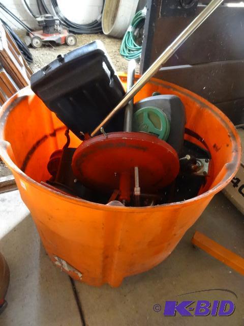 lot 242 image: Oil Catch Bin with oil drain pans, Drum Dolly...