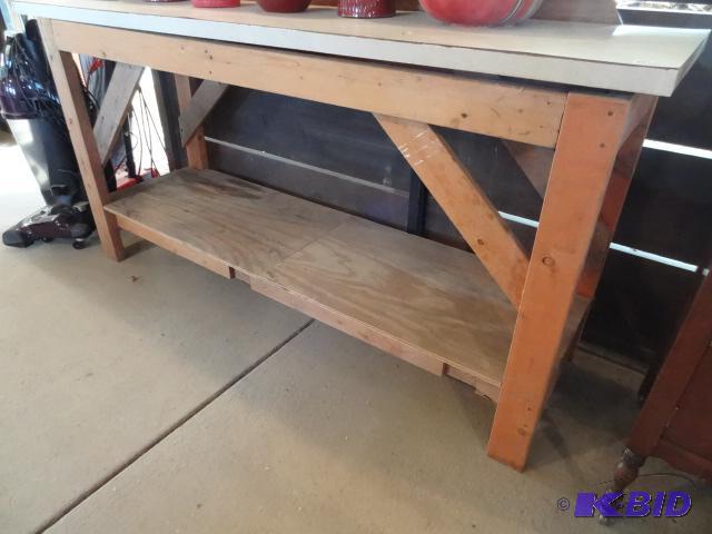 lot 279 image: Wood Work Bench with Laminate Tap 77 X 21 X 3...