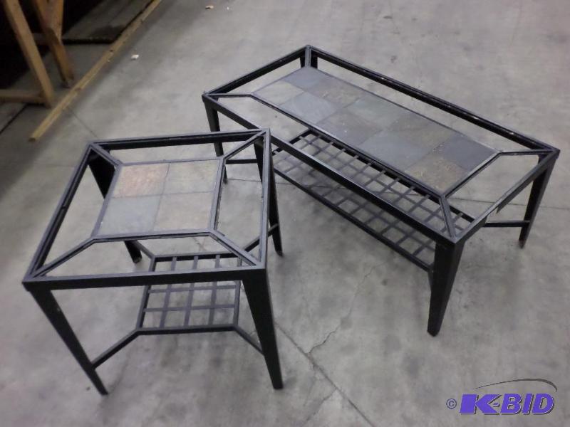 lot 22 image: (2) Matching Steel Framed Patio Table With Gl...