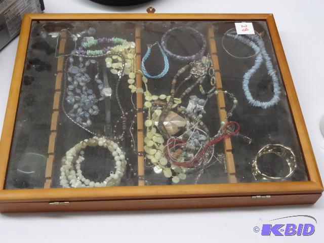 Wood Display Box with misc Necklaces and Brac...