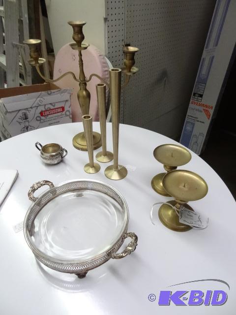 Brass Candle Holders. Silver Plated Pie Plate...