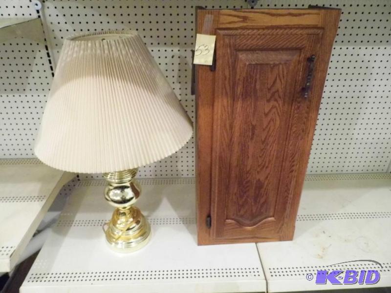 Oak Cabinet & Brass Lamp