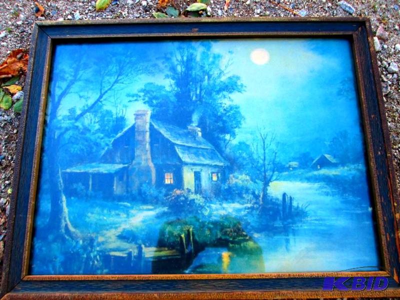 Framed barn scene with moonlight  14 x 18 inc...