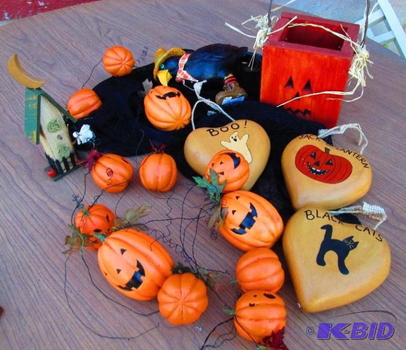 Assorted fall dcor, string of Jack O Lanterns...