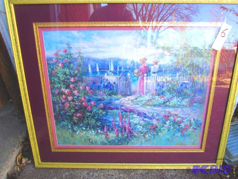 Framed matted garden scene, 38 x 32 inches...