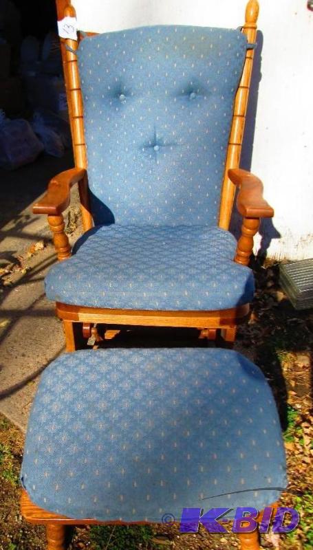 lot 13 image: Solid wood glide rocker with foot stool, blue...