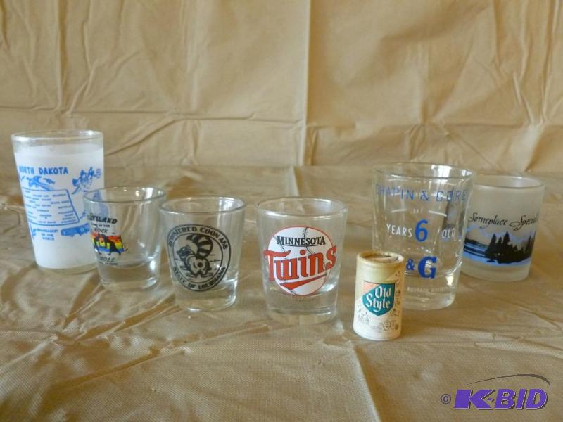 Lot of six collectible shot glasses and a Old...
