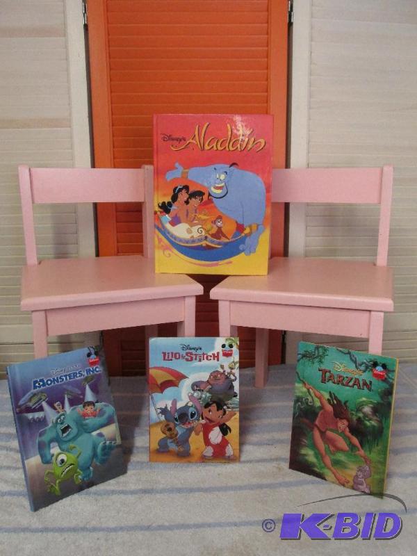 lot 139 image: Two Wooden Pink Chairs and some Great Kids Books