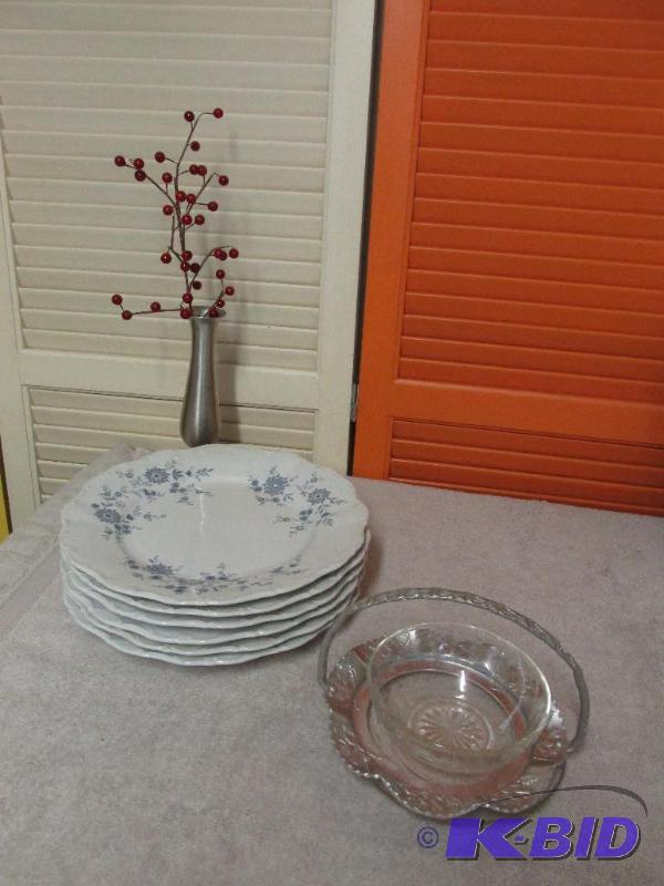 lot 28 image: 6 Beautiful West German, Bavarian Blue, Christina Plates, Pewter Bud Vase, Crystal 3-Piece Set