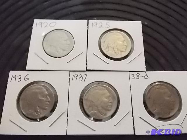 lot 49 image: 5-Assorted Buffalo Nickels...