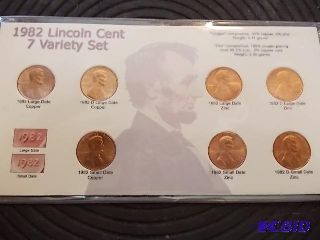 lot 62 image: 1982 Lincoln Cent 7 Variety Set (Large & ...