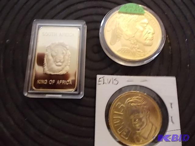 lot 79 image: 1-Elvis Token, 1-Gold Plated Buffalo Nickel C...