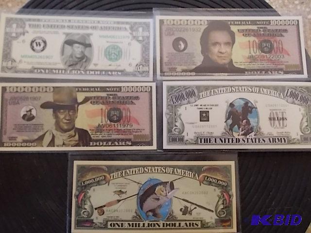 lot 82 image: 5-Assorted Novelty Million Dollar Bills (2-Jo...