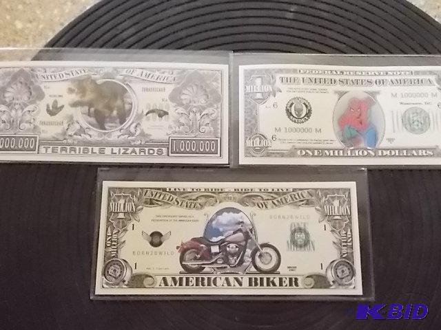 lot 84 image: 3-Assorted Million Dollar Novelty Bills (Amer...