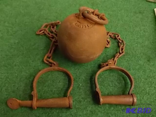 lot 95 image: Heavy Ball And Chain Leg Irons With Key Stamp...