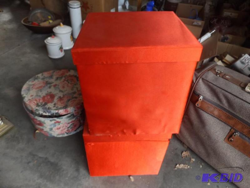 lot 19 image: Red storage boxes, Christmas Decor, wood stan...