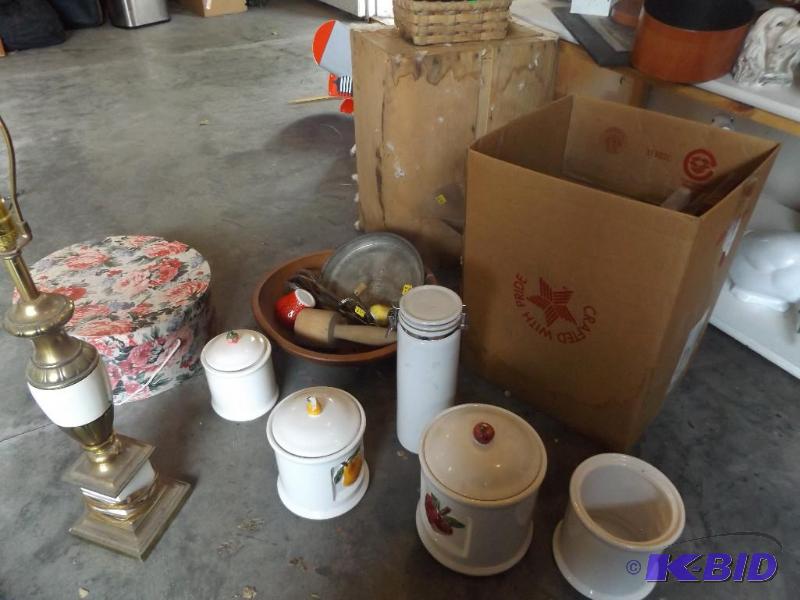lot 28 image: Vintage kitchen utensils, wooden bowl, hat bo...
