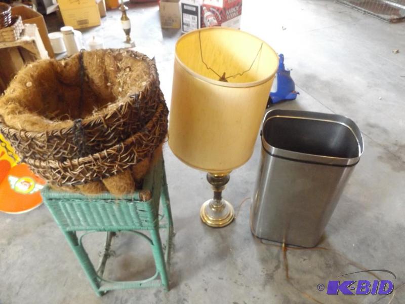 lot 31 image: garbage can, lamp, basket and wicker plant st...