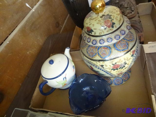 Ceramic Urn, Ceramic Tea Pot. Blue Glass Bowl...