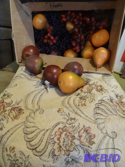 Table Cloth, or Runner. Box Of Artificial fru...