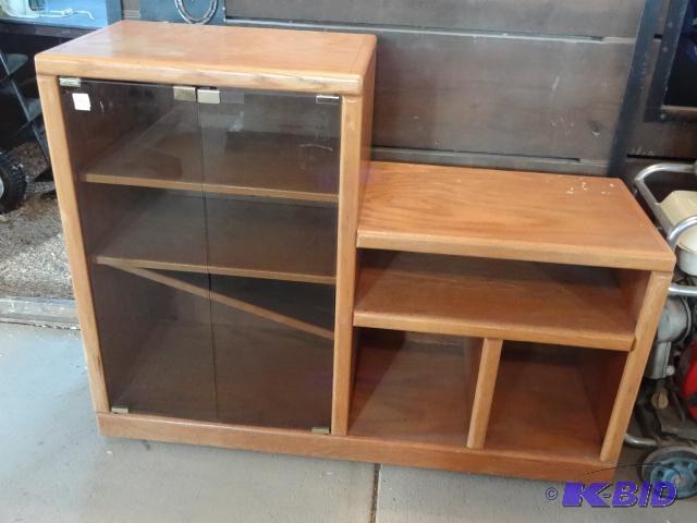 Wood Entertainment Center on Wheels Glass Doo...
