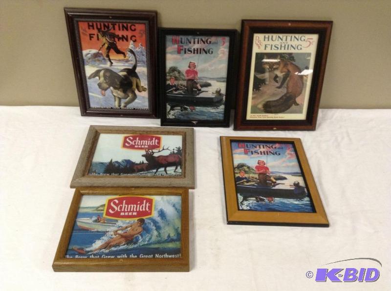 lot 129 image: 6 Framed Fishing and Beer Wall Hangings