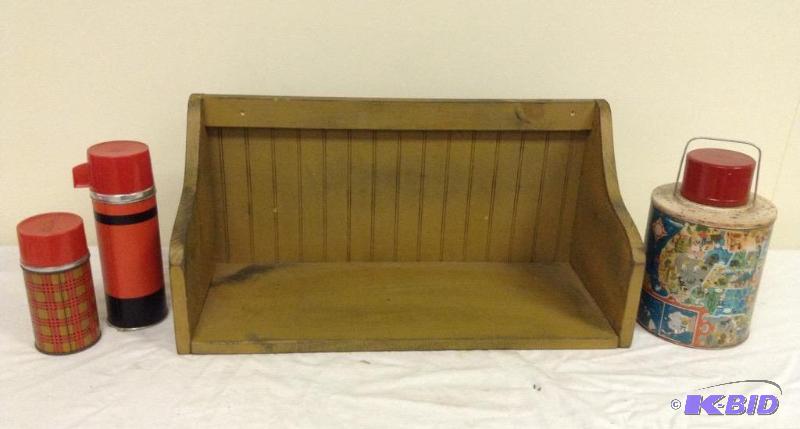 lot 66 image: Hanging Wood Shelf with Vintage Themos